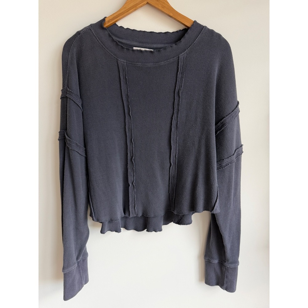 We The Free Waffle Knit Thermal Top Gray Cotton Raw Seam Boho Minimalist Small
